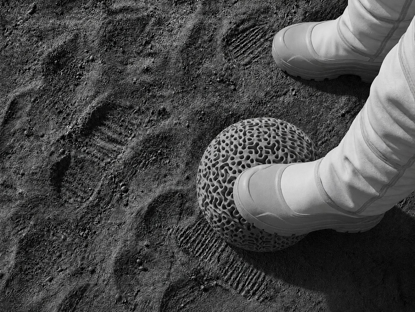 MOONBALL on the lunar surface, beside an astronaut's boot
